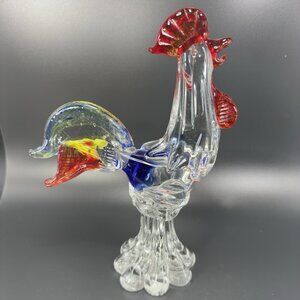 Venetian Art Glass Rooster Hen Figurine Heavy Glass Paperweight Sculpture Decor
